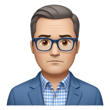 50-year-old heavyset man with very wide face and prominent square jawline. Short straight hair combed to the side, not balding. Large dark square glasses. Serious-relaxed expression. Light gray jacket that fits his larger frame, white shirt with blue checkered pattern. sticker
