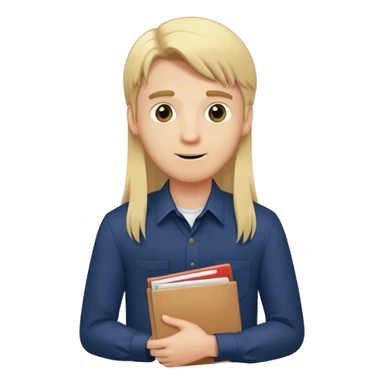 Guy with long straight blonde hair and navy button up holding a school packet sticker