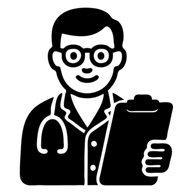 doctor wearing classic white coat and glasses, holding clipboard, friendly expression, flat icon style sticker