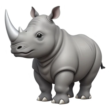 cinematic-rhino-full-body-standing-emoji,white horn, slate grey skin -massive-body-poised-powerfully,-thick-horn-curving-slightly-forward,-head-tilted-dramatically,-rough-grey-hide-covered-in-dust,-simplified-focused-features, large cute black eyes sticker
