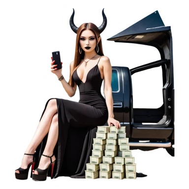Sensual queen long brown straight haired sexy drug lord woman with black platform high heels with  on her feet,  and devil black horns on her head, holding a stack of cash, has a phone in other hand. Sitting on a large big new model F350 pickup truck  full of drugs, long black dress with sexy slit sticker