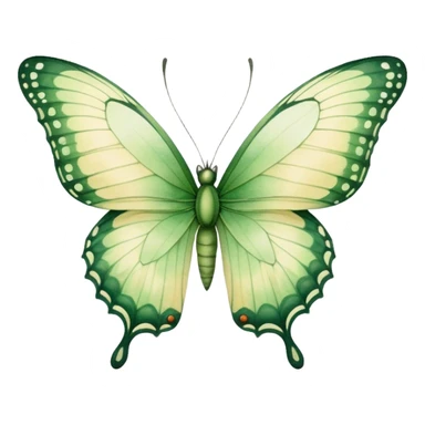 A delicate green butterfly with watercolor texture, featuring soft gradients and intricate wing details, set against a light beige background. sticker