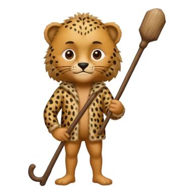 Give me a human who has hunch back and wearing cheetah print clothes  lot of hair on his body show full body and has a stick in his hand sticker