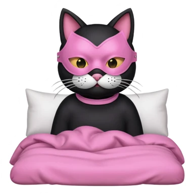 a black cat with pink mask and shirt, half upon
 sticker
