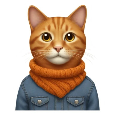 orange cat wearing brown sweater with blue collar and log hurt blue jeans sticker