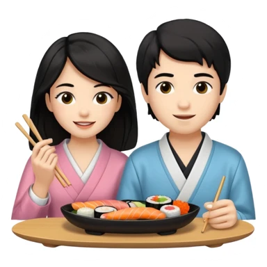 czarnowłosa ksieżniczka w dlugich wlosach je sushi z chłopakiem o czarno brązowych włosach i są zadowoleni i są nastolatkami i te włosy są lekko krecone i chłopak ma włosy do wysokosi nad brwiami sticker