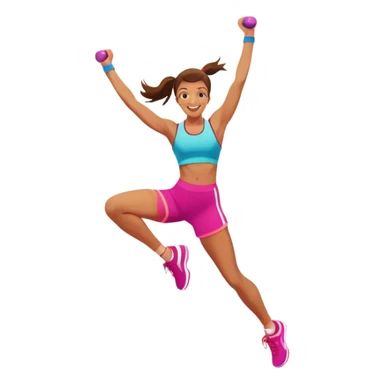 An energetic person performing an aerobics workout in a brightly lit gym, jumping and stretching with enthusiasm. The scene includes vibrant fitness equipment like dumbbells and exercise mats, with a background of cheerful, motivating colors, conveying energy and movement. sticker