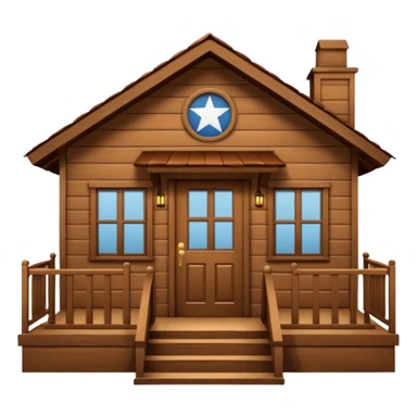 A wooden house typical of Puerto Rican rural neighborhoods, with a simple and cozy design featuring a central functional door, two symmetrical windows, a front porch with open railings, and space for a rocking chair. Emoji style, brown and wooden. sticker