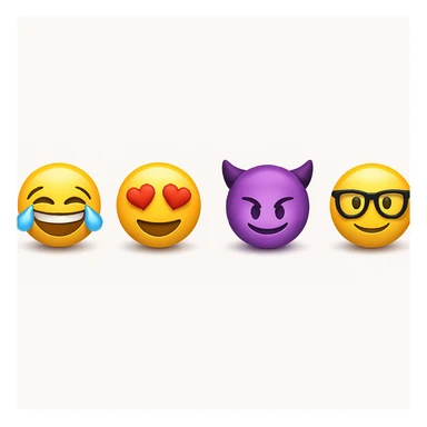 make four emojis on white background with good amount of shadow, four emojis of smiley's only. one laughing, second heart eyes, third purple devil and four black glasses emojis  sticker