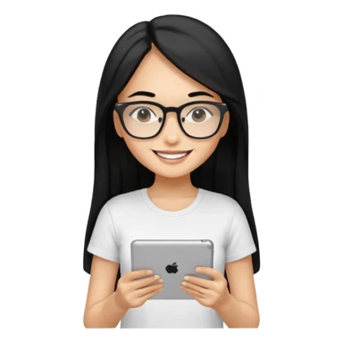Long black hair girl in a white T-shirt and black square glasses smiling studying with an Ipad. sticker