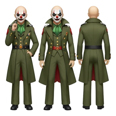 evil clown, bald, small black horns on forehead, fangs, pointed ears, eye patch over one eye, long coat over black and military green leisure suit with bellbottom pants, tail, holding a different style of whip, realistically proportioned, less bulky, full body, battle-ready, fighting posture sticker