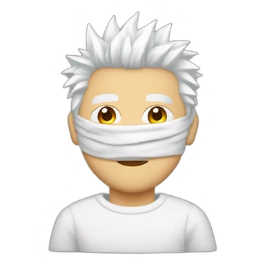 Man with blindfold and white spiky hair wearing white sweater sticker