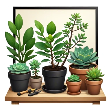 Close-up of a potted sapling being nurtured in rich soil, surrounded by vibrant plants and succulents. Sunlight filters through the window, casting soft shadows. Cozy indoor garden with gardening tools placed neatly on a wooden table. sticker
