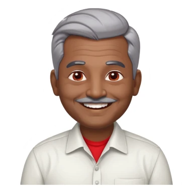 50 yr old indian man, dark skin, grey hair, big smile, white teeth, chubby, no moustache, clean shaven, young style hair, hair brushed back, 5 oclock shadow, bindy on forehead, dress shirt, red dot sticker