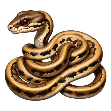 A photo-realistic digital illustration of a Ball Python, chest upward, with a short, rounded head, thick body, and a calm, curious expression. It has a warm brown base color with irregular dark blotches shaped like “alien heads,” and matte-textured scales that emphasize its small, stocky form. sticker