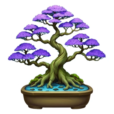 Futuristic wild glowing space alien moss maples Bonsai hair-pine-leaf group multi faceted intricate crystalline inspired boxwood purple blue informal rocky cliffhanger eight trees forest planting in shallow willow slab style pot with big animal-like feet  sticker