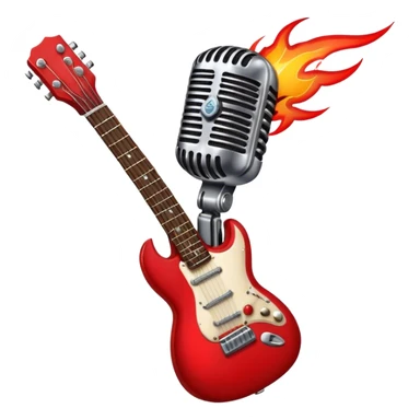 Create a bold and dynamic emoji representing rock vocal performance in a humanless collage. The design should feature a vintage microphone at the center, surrounded by key rock elements like an electric guitar, drumsticks, and a guitar pick. Include symbols of energy, such as lightning bolts or flames, and subtle musical notes or sound waves to evoke the raw power of rock vocals. Use dark, bold colors like black, silver, and red, with hints of chrome or metallic accents to convey the edgy, rebellious spirit of rock music. The background should be transparent. sticker