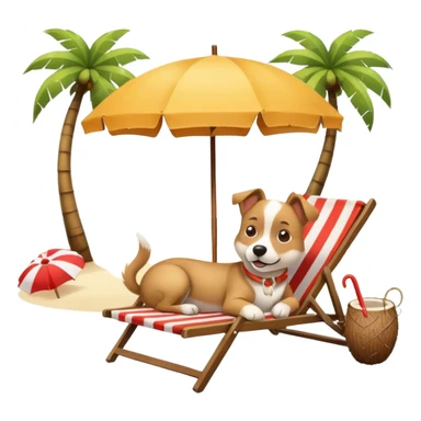 a dog laied on a beach chair, a sunny beach, a sun umbrella, and beach coconut trees. the icon should capture the essence of a relaxing beach vacation with a carefree atmosphere sticker