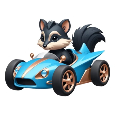 dark crystal blue and rosegold-accented faceted-body electric racing car driven by a small cute but fearless skunk with rear spoiler, roll bar, and wheely bar sticker