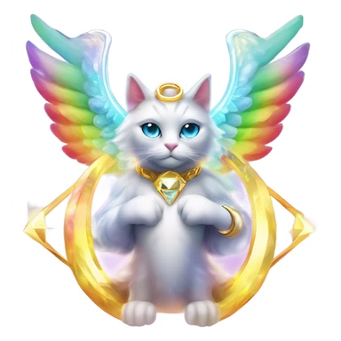 Omega ultra cosmic galactic hyperverseal alpha Transcendent Heavenly Rainbow 4d Diamond ultra mega surpream beyond Omni-Cat God with wings and a ring around its body and another ring above it’s head full body sticker