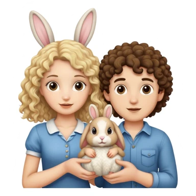 blonde curly girl and brunette curly boy with a bunny  sticker