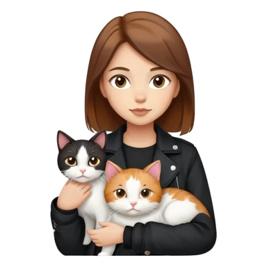 Light-skinned girl with brown hair wearing black jacket with white cat and calico cat sticker