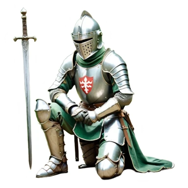 A lone medieval knight in a green worn armor kneels. His helmet is closed, hiding his face, conveying silence, exhaustion and contemplation. A long sword is planted in the ground beside him, its hilt resting near his gloved hands as if he is praying or resting after battle. sticker