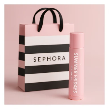 A pink preppy lip balm with a cute Summer Fridays logo, styled as a trendy product from Sephora, with a Sephora shopping bag in the background, soft pastel colors, girly and chic vibe sticker