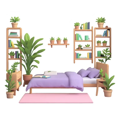 aesthetic bedroom with soft colors, plants, bookshelves, and study area sticker