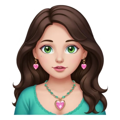 Girl girl long wavy dark brown hair with middle part, green/blue/gold eyes, plus size, pink girly top, right nostril rose gold nose ring, pink heart crystal necklace  sticker