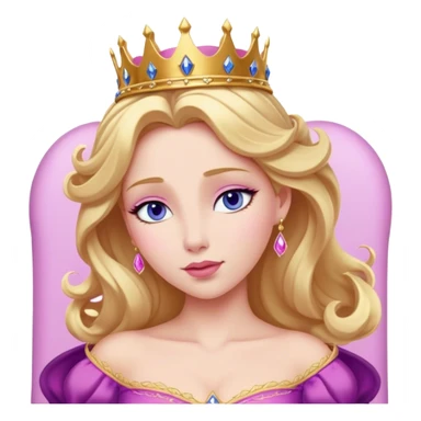 Cinematic Realistic Sleeping Beauty (Aurora) Portrait, with porcelain-like skin featuring a natural rosy flush, illuminated by soft lighting that highlights the gentle contours of her face. Her golden blonde hair flows in soft, detailed waves with subtle highlights that shimmer in the light. Her deep violet-blue eyes radiate warmth and innocence, framed by arched brows and long lashes. Her serene expression exudes quiet elegance. She is dressed in her classic pink gown, the fabric rich in texture with delicate folds that catch the light. A golden crown rests atop her head, gleaming with royal refinement. The portrait captures a soft, glowing aura, blending realism with an ethereal sense of beauty and timeless enchantment. sticker