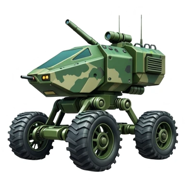 a 4-wheel armored camouflage army massive mech trail vehicle shooting forward side-hill leaning actively independent suspended pod gimbal enemy mech off-road racing rover with large fast engine  sticker