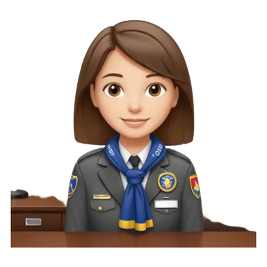 Young girl, straight hair, wearing uniform jacket with hotel name badge, tasteful scarf, stand behind the desk sticker