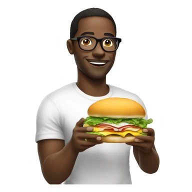black man glasses white t shirt, eating sandwich sticker