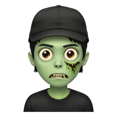 Green zombie, black hair, designer cap turned to the left, black shirt. Apple iOS style. sticker