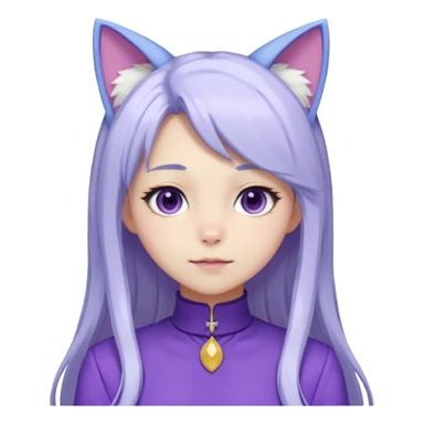 female anime character with long white hair and periwinkle highlights and cat ears on her head. She is wearing a purple outfit with a high neckline and long sleeves.  sticker