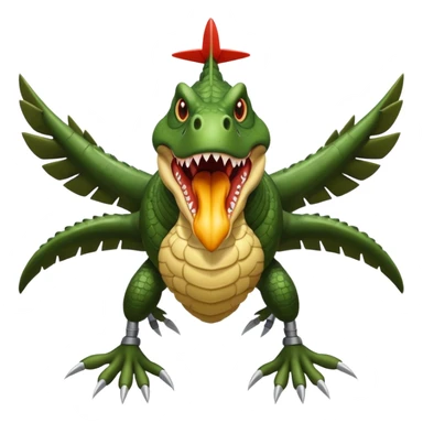 crocodile head with a terrifying mouth merged with a military bomber body, arms as airplane wings with rockets, legs as massive chicken legs like a hut on chicken legs, moving with a roar, trail of destruction sticker