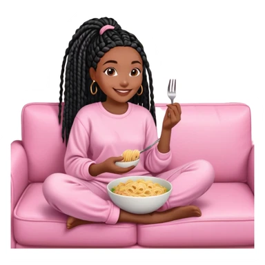 A dark-brown-skinned Black woman with black box braids, sitting on a pink couch, holding a bowl of pasta with a fork, smiling or enjoying the meal. She’s wearing casual, comfy loungewear, relaxed in a cozy setting. sticker