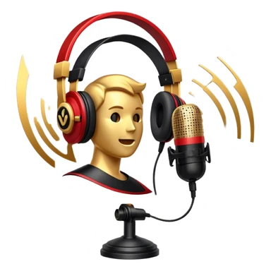 Create a dynamic and cinematic emoji that represents voice-over and dubbing in films. The design should feature a microphone, sound waves, and a film reel or movie clapperboard, symbolizing the connection between voice acting and film production. Add elements like headphones or a voice actor's silhouette to emphasize the human element of dubbing. Use vibrant, cinematic colors like gold, black, and red to create a sense of drama and creativity. The background should be transparent. sticker