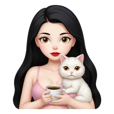 Beautiful Girl Long Hair black, Brows Big , Skin White, bra Pale Pink , Big Red Lips, EyesCoffe , Big hug Little baby Persa Cream Cat With Cute Eyes sticker