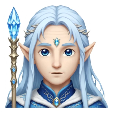 Legendary fantasy Christmas elf portrait icon, Santa Claus and Snow Maiden inspired, ancient winter spirit style, long flowing white-blue hair, glowing frost eyes, crystal staff, elegant elven features, divine winter magic aura, icy silver color palette, highly detailed but clean emoji icon male sticker