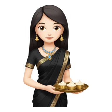 Russian girl in Indian black saree with full image from head to leg and holding a cream colour small tray in her both hands sticker