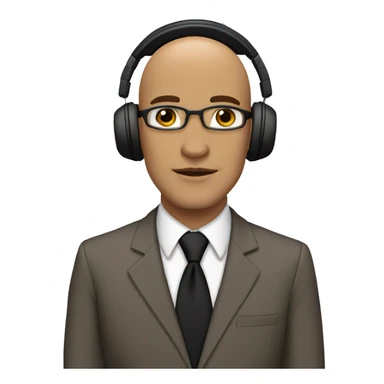 light skinned bald teacher with brown eyes wearing a black suit and a tan tie with a geometric pattern. teacher also wearing headphones  sticker