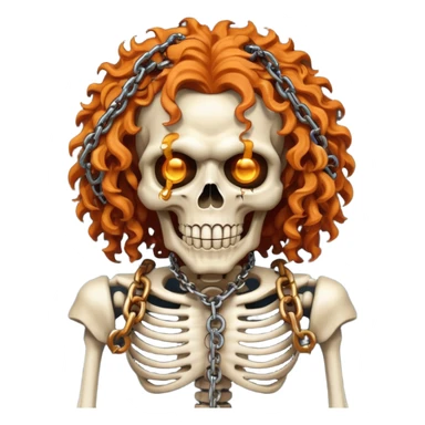 cinematic  steam-punk Megadeth iconic skeleton mascot with a rusty chain in his teeth, huge curly orange hair sticker