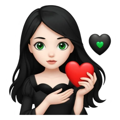 Pale girl with long black hair and dark green eyes wearing black dress and holding black heart sticker