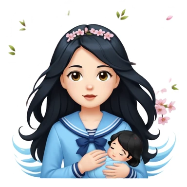  A white girl with a Black long hair, and a baby blue sailor suit, enjoying the spring breeze，Wearing cherry blossoms on your hair sticker