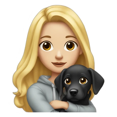A blonde girl  with smooth hair and a ray in the middle of his hair, she has light skin a few freckles, and she wear a hoodies and she Carries in his arms a black baby labrador dog  sticker