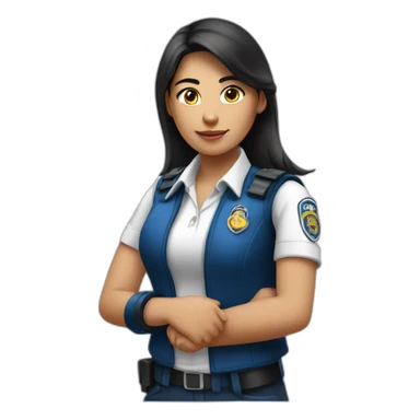 A PERUVIAN SECURITY AGENT GIRL, IN A BLUE VEST AND WHITE SHIRT. SAY OK WITH YOUR HAND. sticker