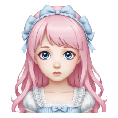 sweet lolita long light pink hair grayish blue eyes pale skin white dress sticker