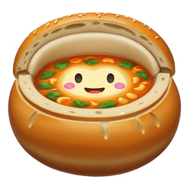 Żurek Cinematic Realistic Żurek Soup Dish Emoji, depicted as a tangy rye soup served inside a hollowed-out round loaf of bread, rendered with rich textures and dynamic, comforting lighting. sticker